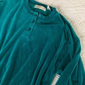Vintage Gloria Vanderbilt Henley Velour Sweatshirt Medium Teal 80s 90s Soft Cozy